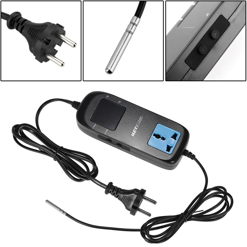 Meterk Electronic Thermostat with LED display, designed for precise temperature control in breeding applications, featuring a compact design and tool bag.